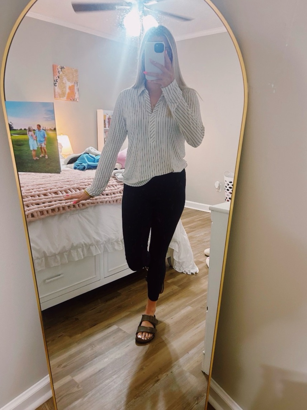 Striped V-Neck Long-Sleeve Blouse — White
